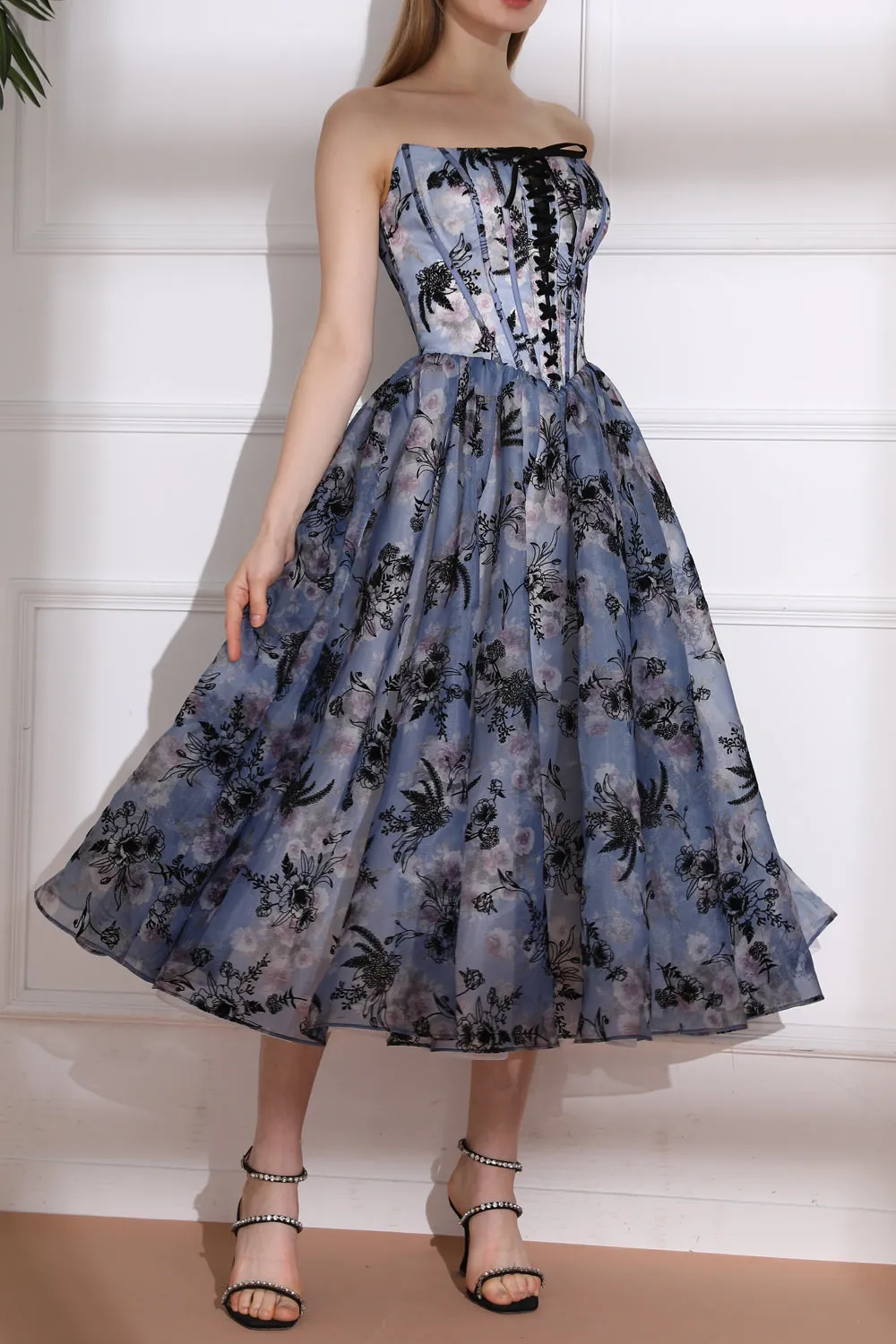 Floral Print Strapless Lace-Up Midi Dress with Corset Detail