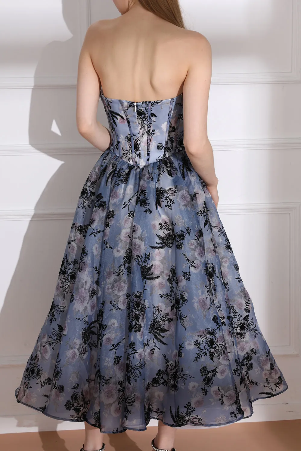 Floral Print Strapless Lace-Up Midi Dress with Corset Detail