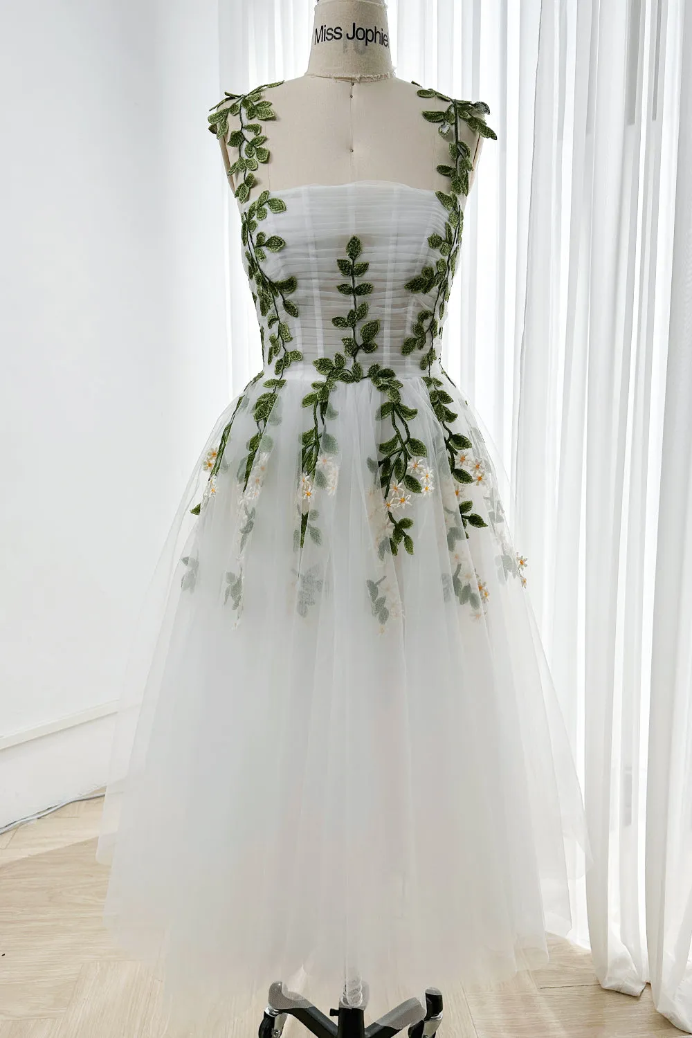 Strapless Leaf Embroidered Midi Dress with removable Straps