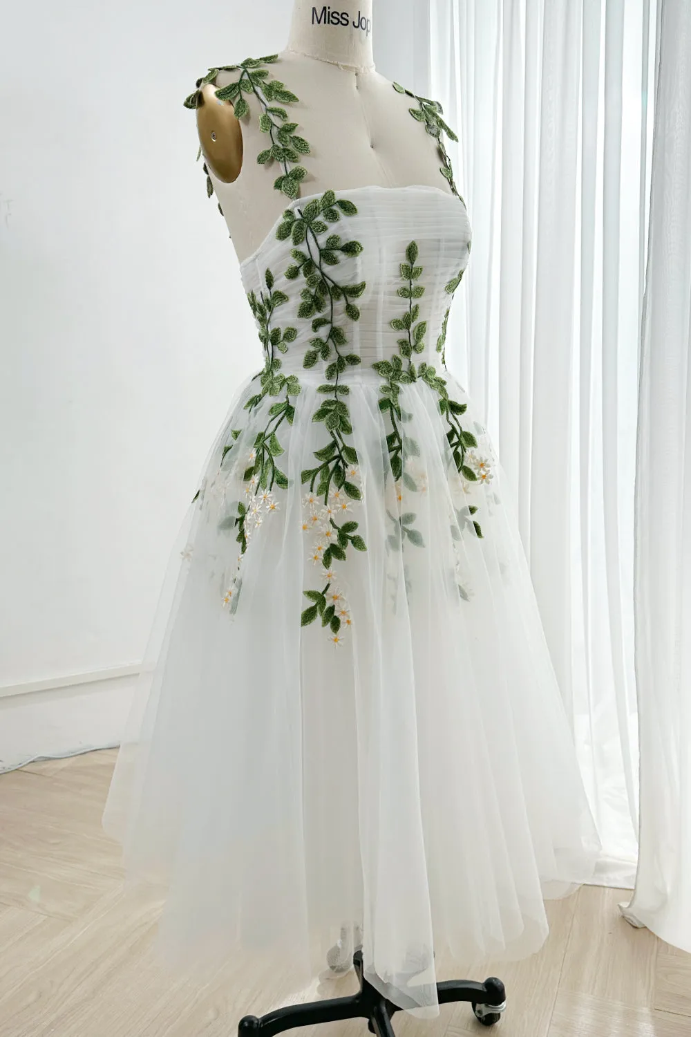 Strapless Leaf Embroidered Midi Dress with removable Straps