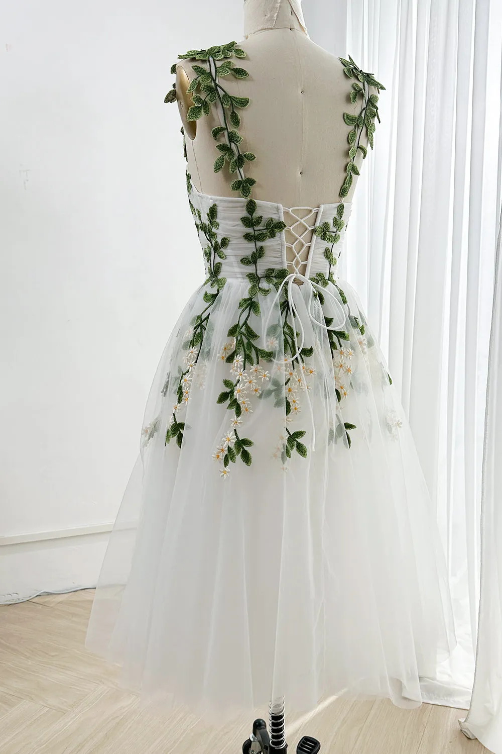 Strapless Leaf Embroidered Midi Dress with removable Straps