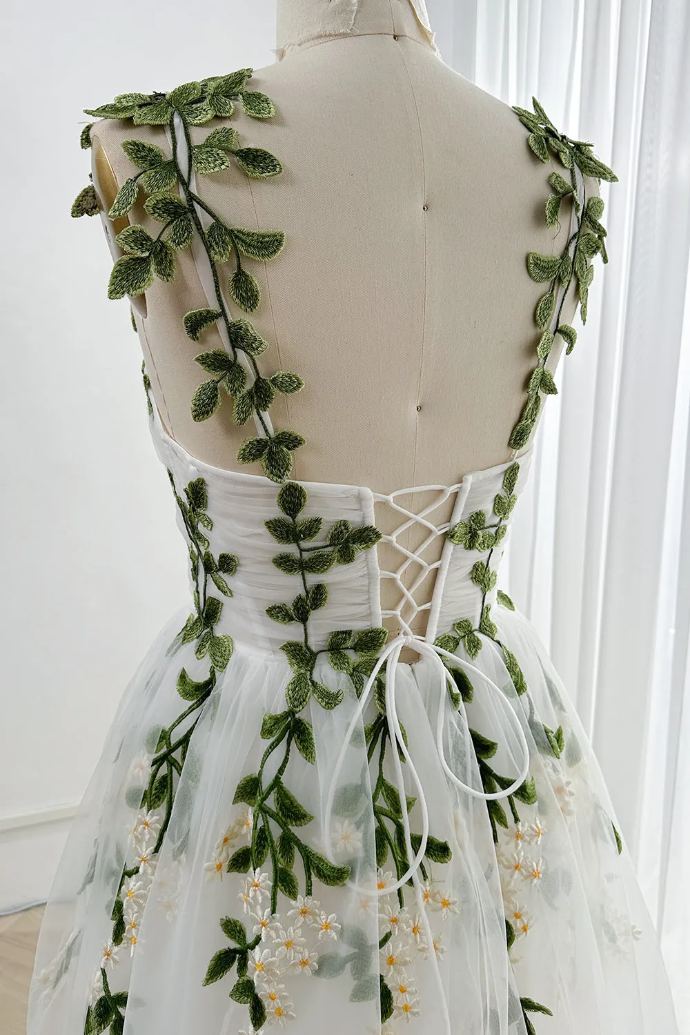 Strapless Leaf Embroidered Midi Dress with removable Straps