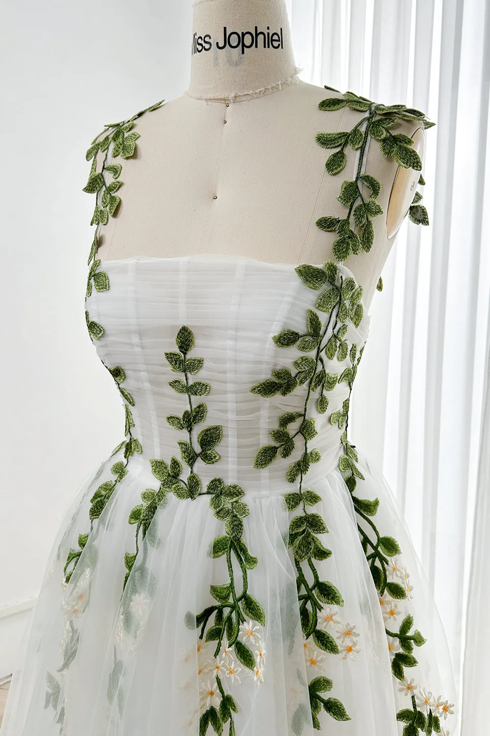 Strapless Leaf Embroidered Midi Dress with removable Straps