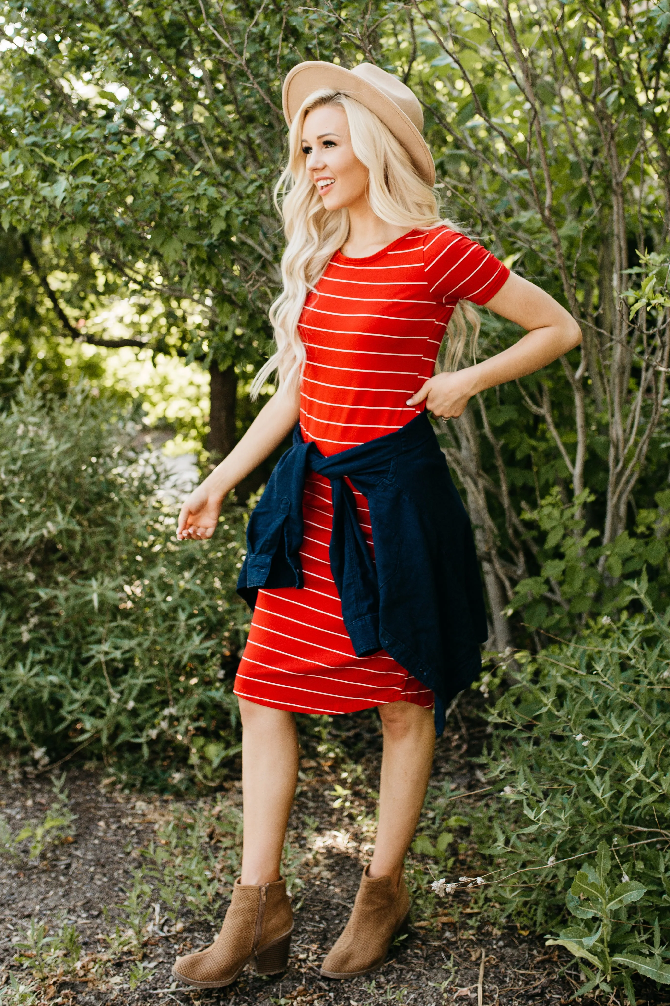 Striped Tee Dress: Red with Thin White Stripe