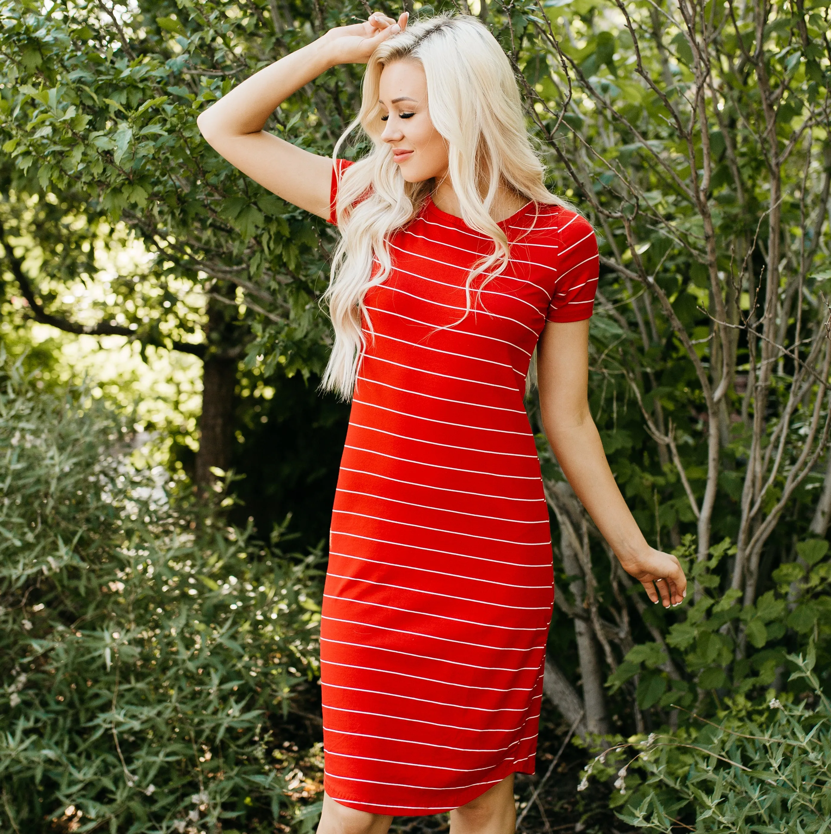 Striped Tee Dress: Red with Thin White Stripe