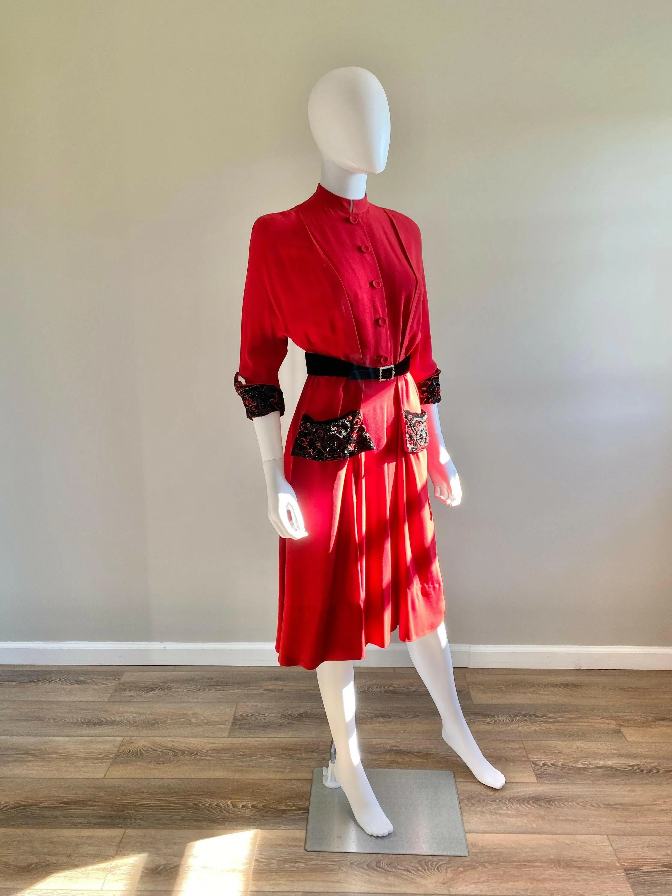 Vintage 1950s Red Rayon Dress / 50s holiday dress Size M